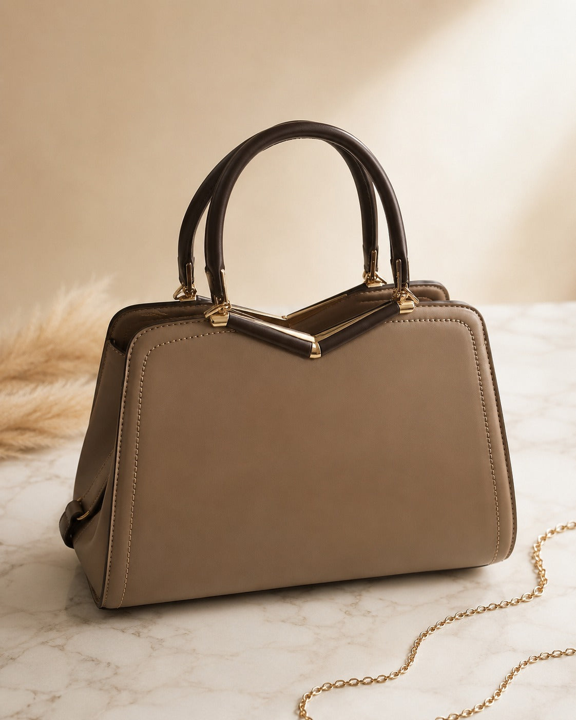 The Promenade Taupe — Frame Top Handle Bag